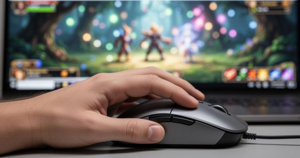Main posée sur une souris gaming devant un jeu fantasy multijoueur affiché dans le navigateur