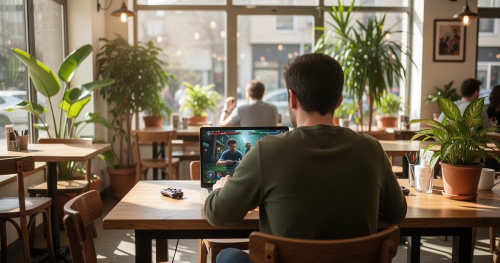 Joueur sur un ordinateur portable dans un café, une partie de jeu d'action en cours à l'écran
