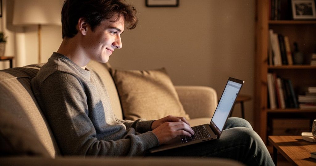 Jeune homme souriant qui joue à un jeu par navigateur sur son ordinateur portable, installé dans un canapé